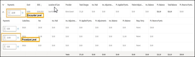 Payment view with yellow highlight boxes around the Encounter level and Procedure Level amounts and plus signs.